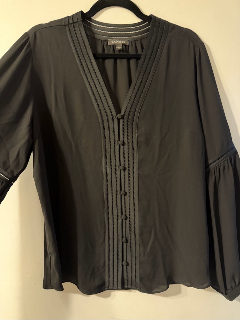 Express Black V-Neck Button-Front Pintuck Blouse